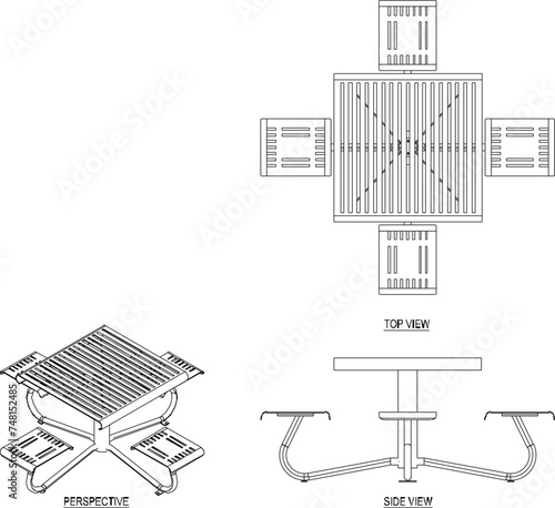 Vector sketch illustration of minimalist industrial style garden and cafe bench and table chair design