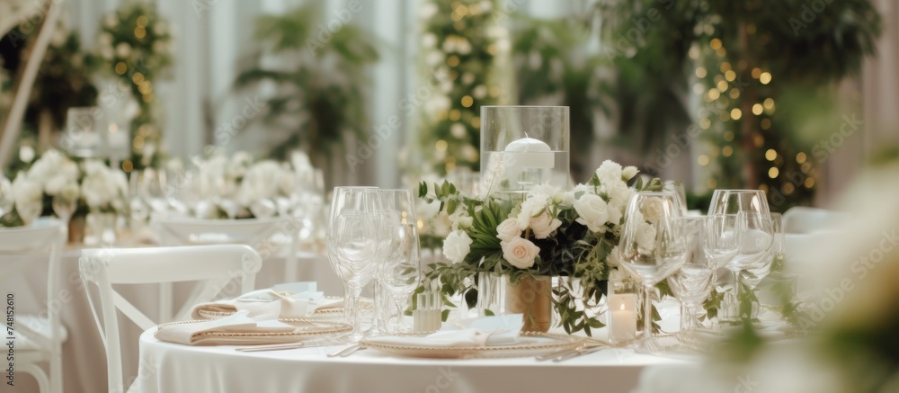 A table is elegantly set with pristine white flowers and meticulously arranged place settings, creating a sophisticated and romantic ambiance.