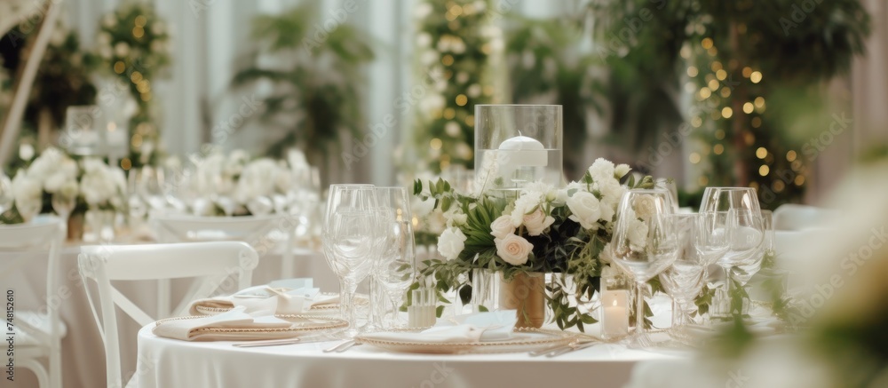A table is elegantly set with pristine white flowers and meticulously arranged place settings, creating a sophisticated and romantic ambiance. A table is elegantly set with pristine white flowers and meticulously arranged place settings, creating a sophisticated and romantic ambiance.