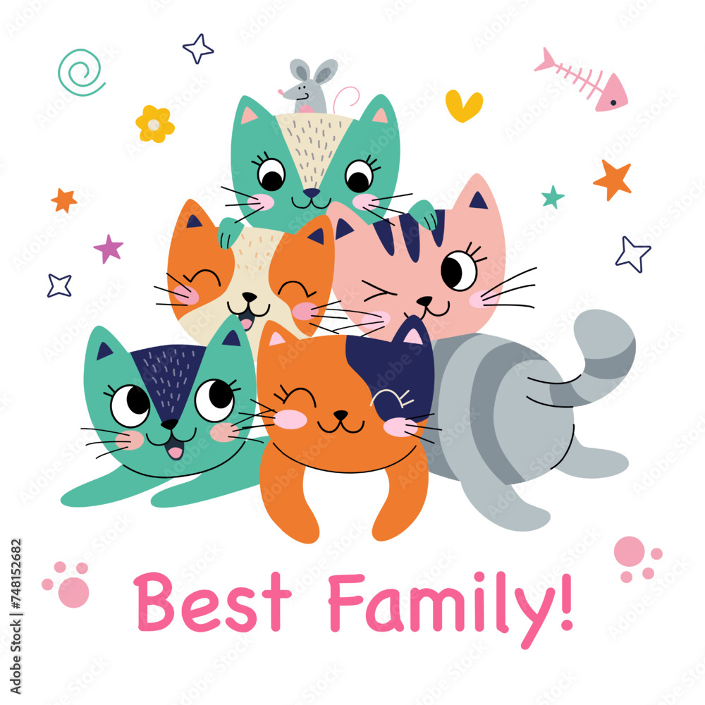 Cute card with family cats. Best family forever. Vector illustration. Cute card with family cats. Best family forever. Vector illustration.