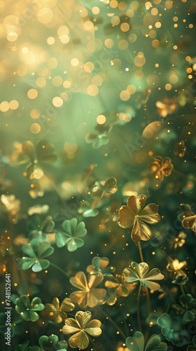 saint patrick's day with the four-leaf clover in the colors green and gold, postcard with copy space, created with generative AI technology © christian