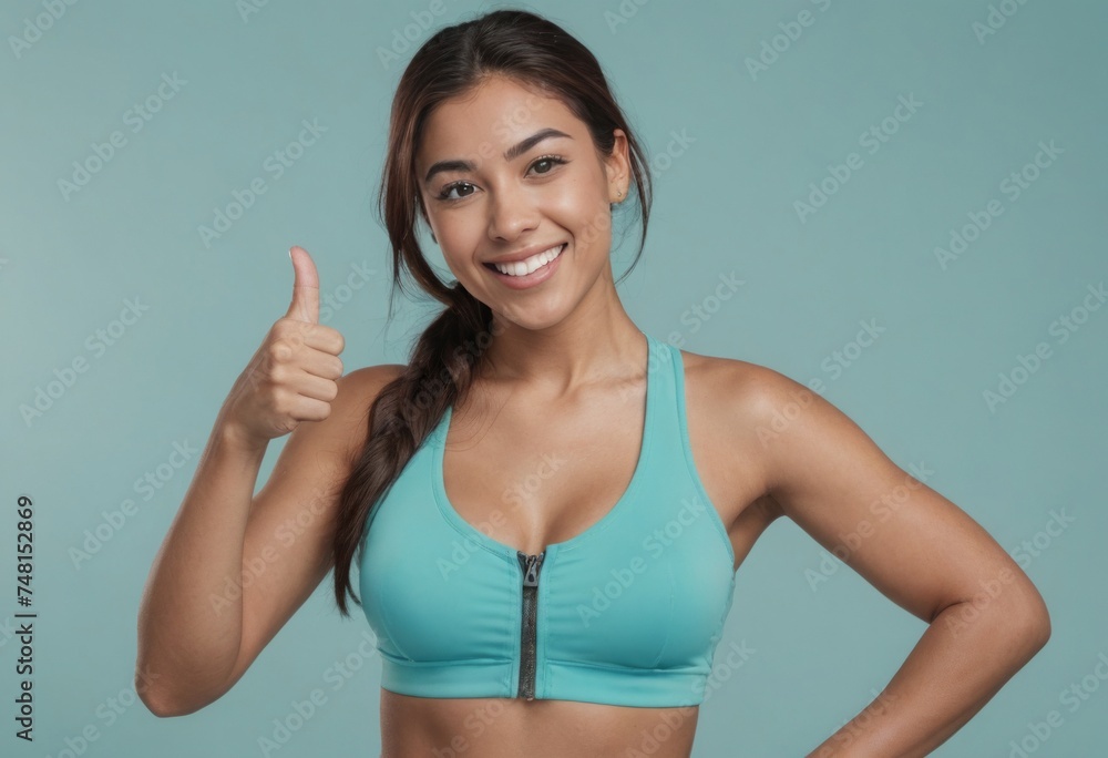 A woman in a zip-front sports bra gives a thumbs up. Her radiant smile and turquoise background convey positivity. A woman in a zip-front sports bra gives a thumbs up. Her radiant smile and turquoise background convey positivity.