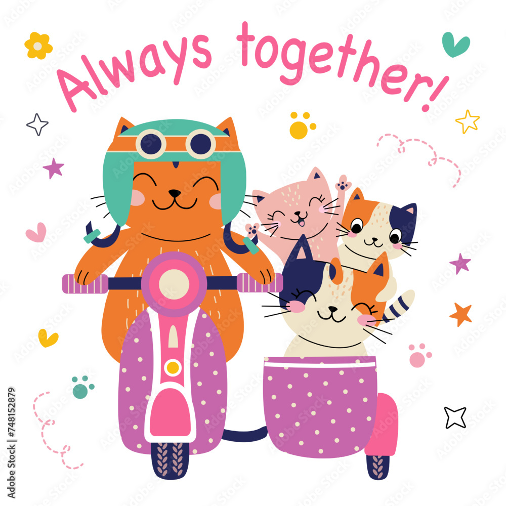 Cute card with family cats. Always together. Moto bike. Vector illustration. Cute card with family cats. Always together. Moto bike. Vector illustration.