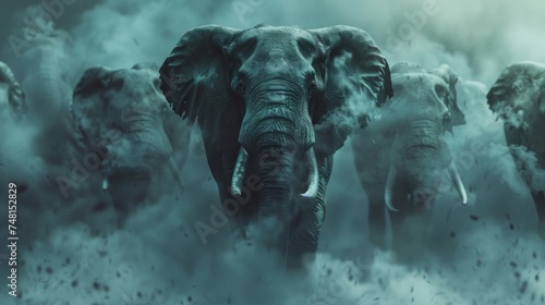 A group of war elephants emerging from a thick fog their hulking figures creating an intimidating presence. photo