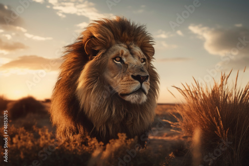 Lion in the wild during golden hour. Wildlife photography.