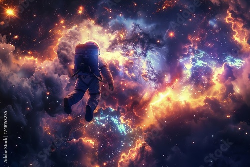 A cosmic scene with an astronaut dog performing a spacewalk a stunning nebula and star clusters in the background under the glow of cosmic rays photo