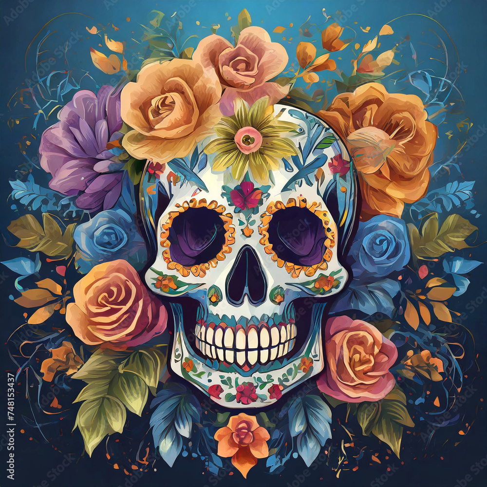 Ilustração de uma caveira mexicana cheia de flores ao redor, com fundo azul escuro. Dia de los muertos.