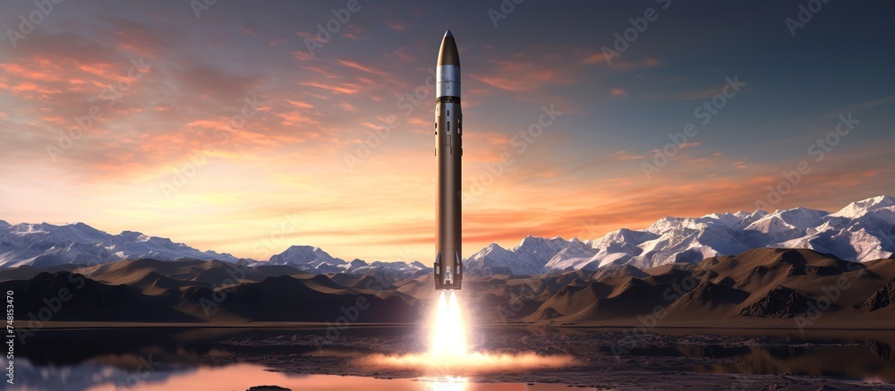 3d illustration of an intercontinental ballistic missile launched into space towards a targeted target object - obrazy, fototapety, plakaty 