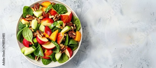 Healthy food of fruits salad with vegetable copy space white background, top view. AI generated