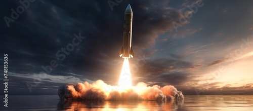 3d illustration of an intercontinental ballistic missile launched into space towards a targeted target object photo