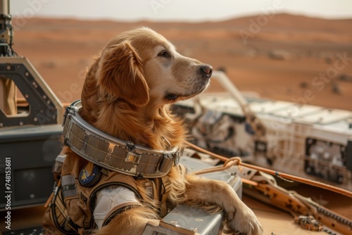 A golden retriever in a space outfit gazes out at Mars from a rovers deck photo