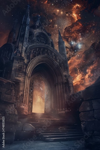 A hidden warp gate within a forgotten church connects to a temple where fantasy and reality blur under a starlit sky