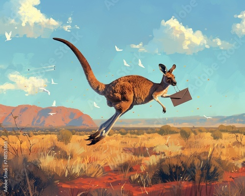 A kangaroo serving as a mail carrier jumping through the outback photo