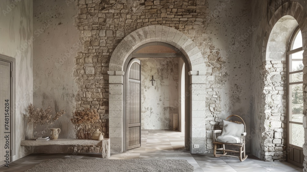 an architectural archway nestled inside a meticulously maintained Tuscan house, illuminated by natural light to accentuate the intricate details of the white stone texture.