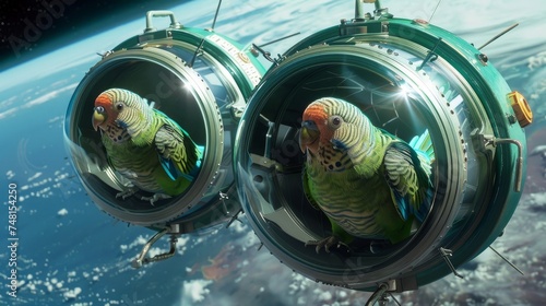 A pair of parakeets in mini space capsules orbiting Earth sharing a moment of weightless flight photo