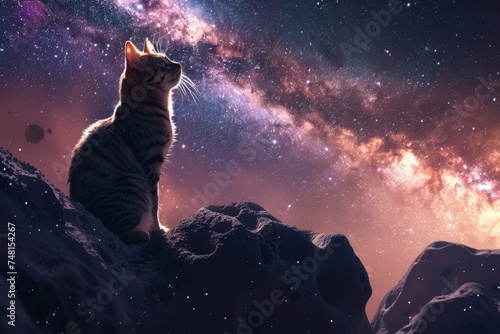 A panoramic view of a space cat marveling at the Milky Way from the edge of an asteroid belt surrounded by cosmic dust and stars photo