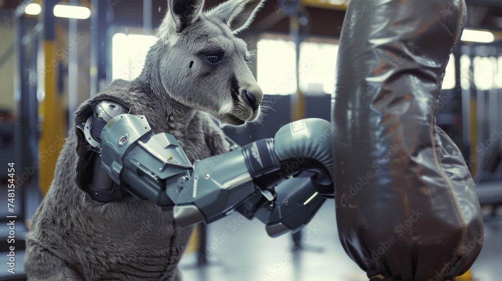 A robot kangaroo acting as a boxer delivers powerful punches to a bag in a high tech gym showcasing strength and agility