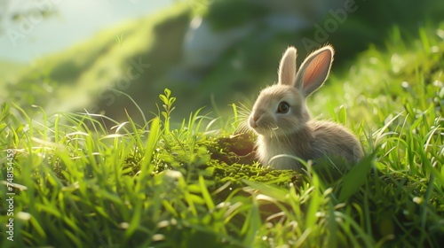 A bunny coming out of a burrow on a hill