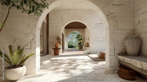 an architectural archway nestled inside a meticulously maintained Tuscan house  illuminated by natural light to accentuate the intricate details of the white stone texture.