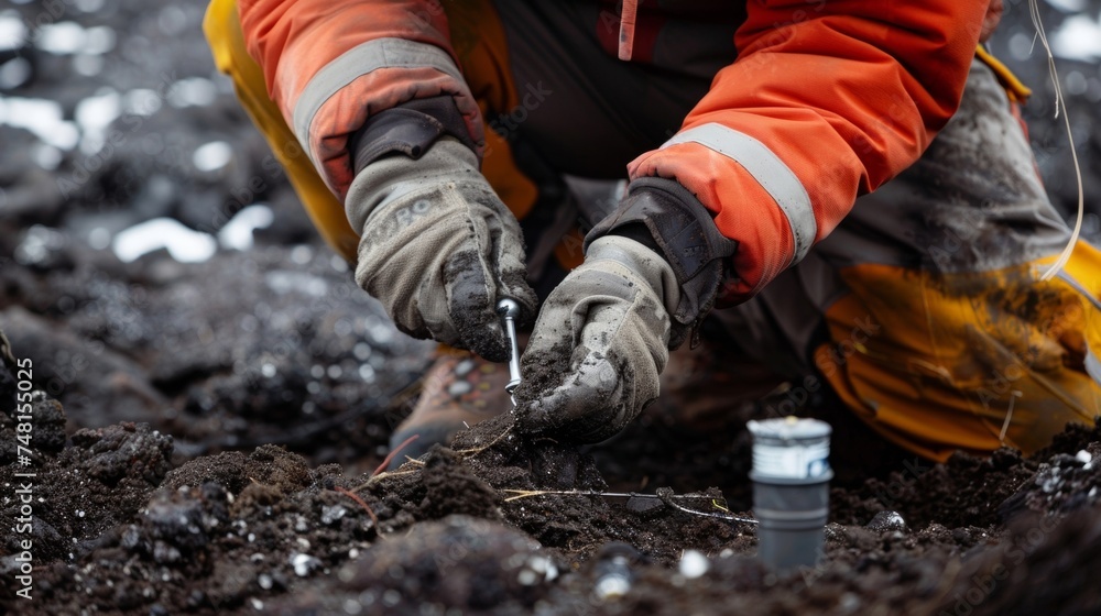A closeup image shows a scientist planting a seismometer in the ground a crucial tool for monitoring the seismic activity of a volcano. The delicate and precise nature of A closeup image shows a scientist planting a seismometer in the ground a crucial tool for monitoring the seismic activity of a volcano. The delicate and precise nature of