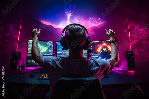 Professional esports player taking part in team competition gamer space neon light Generative AI picture photo