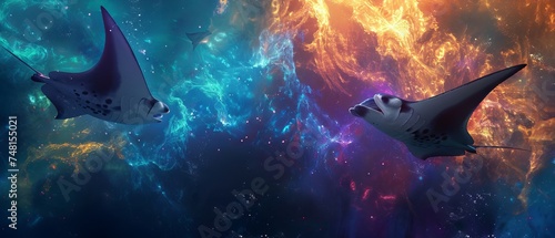 An abstract art galaxy with manta rays swimming through
