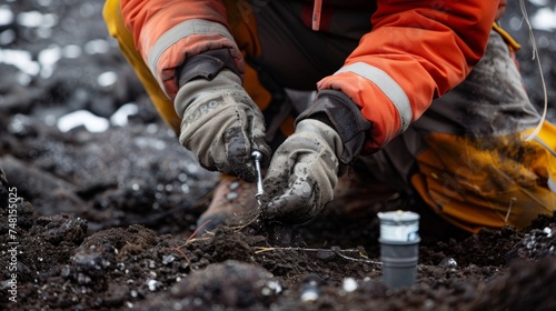 A closeup image shows a scientist planting a seismometer in the ground a crucial tool for monitoring the seismic activity of a volcano. The delicate and precise nature of