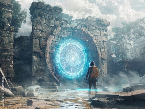 Amidst crumbling ancient ruins a time traveler consults a holographic map the warp gate behind them humming with energy photo