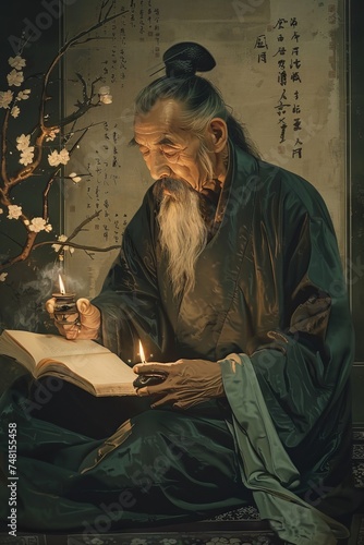 Ancient scholar in contemplation reading by candlelight evoking Song dynasty peace