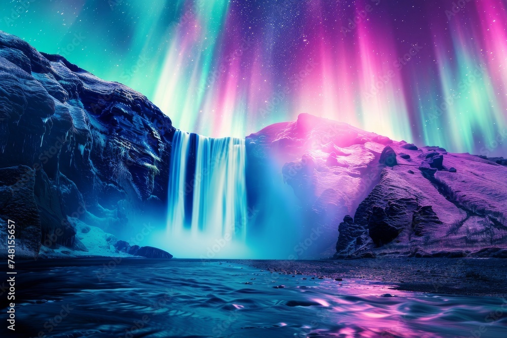 Aurora waterfalls cascading under the northern lights a symphony of colors blending with the night sky