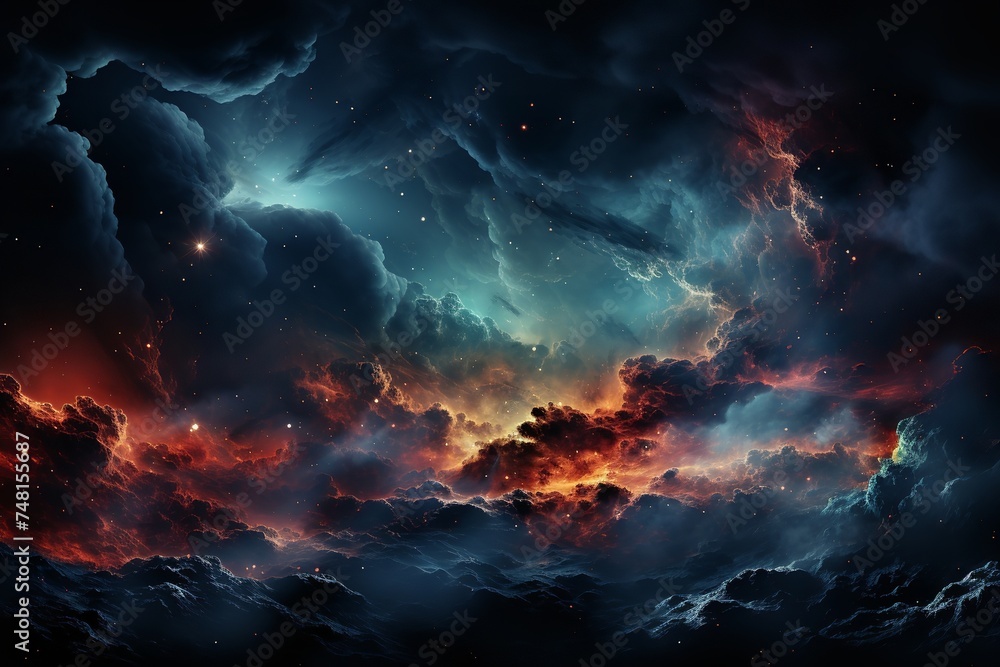 A stunning and otherworldly painting of colorful clouds in a dark space. The clouds are vibrant and ethereal, and they seem to be floating in mid-air.