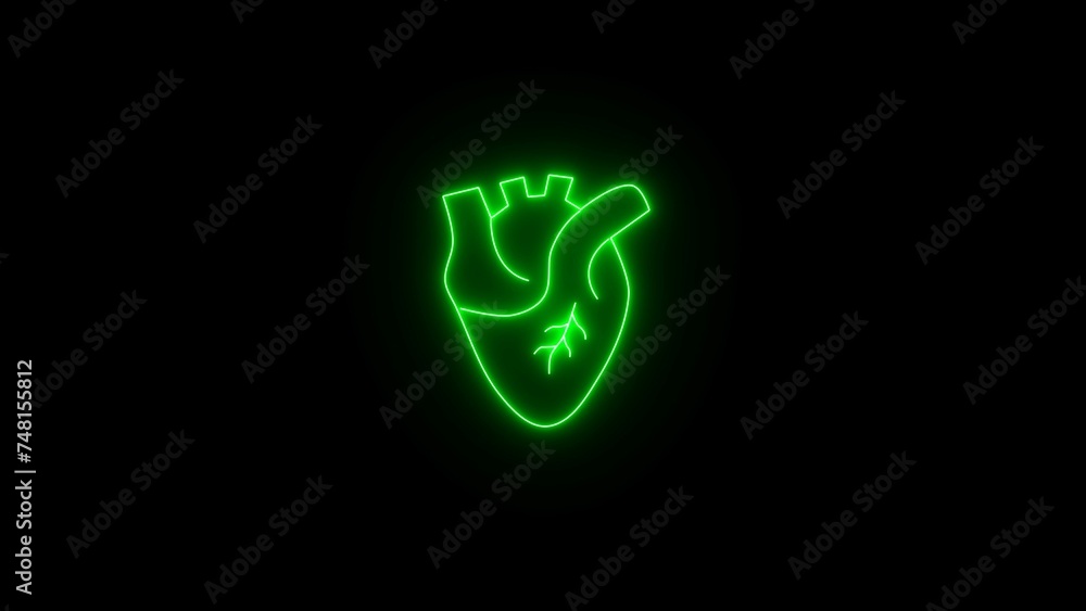Neon abstract green human heart, cardiac muscle line and silhouette color icon. 3D realistic isolated human heart. Green neon human heart on black background. Neon human heart medical structure. Neon abstract green human heart, cardiac muscle line and silhouette color icon. 3D realistic isolated human heart. Green neon human heart on black background. Neon human heart medical structure.