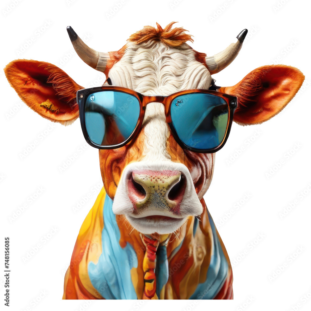 cow, wearing shades sunglass eyeglass isolated. Generative AI cow, wearing shades sunglass eyeglass isolated. Generative AI