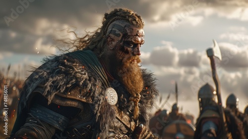 The ground shakes beneath the feet of this charging Viking Berserker who leads his fellow warriors into battle with an unbreakable determination. photo