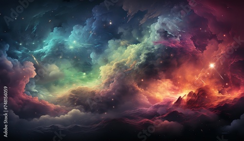 A surreal image of a colorful cloudy sky with stars and mountains in the background. The colors are vibrant and the mountains are covered in snow. © wiwid