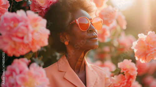 Portrait of a black senior woman in sunglasses, wearing a peach suit, surrounding big pink flowers.