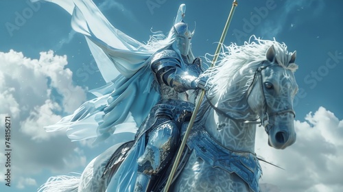 A knight riding a white horse with a flowing mane dressed in a suit of blue and silver armor and wielding a spear with a golden tip.