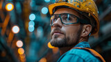 Portrait of a male worker in a hardhat and glasses.