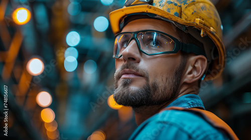 Portrait of a male worker in a hardhat and glasses. © D-Stock Photo