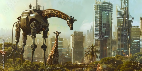 In a bustling city a robot and a giraffe architect review skyline blueprints together symbolizing a future of coexistence and creativity photo