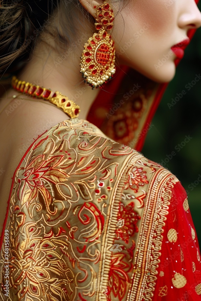 Intricate patterns of gold and red adorning festive garments and accessories