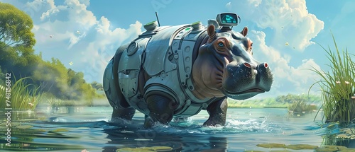 In the rivers embrace a robot hippo clad in a lab coat works diligently a scientists ally in safeguarding water purity photo