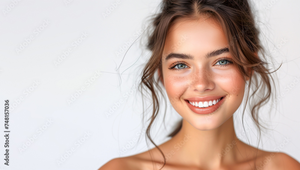 Pretty brunette young adult woman, beauty model. Mockup banner for cosmetic and skin care product. Pretty brunette young adult woman, beauty model. Mockup banner for cosmetic and skin care product.