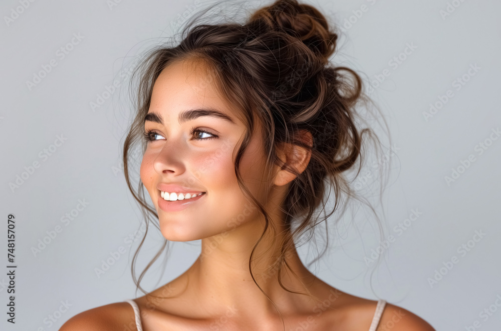 High quality portrait of woman beauty model looking side in front of light grey background. High quality portrait of woman beauty model looking side in front of light grey background.
