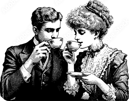 Vintage Man And Woman Drinking Coffee Or Tea
