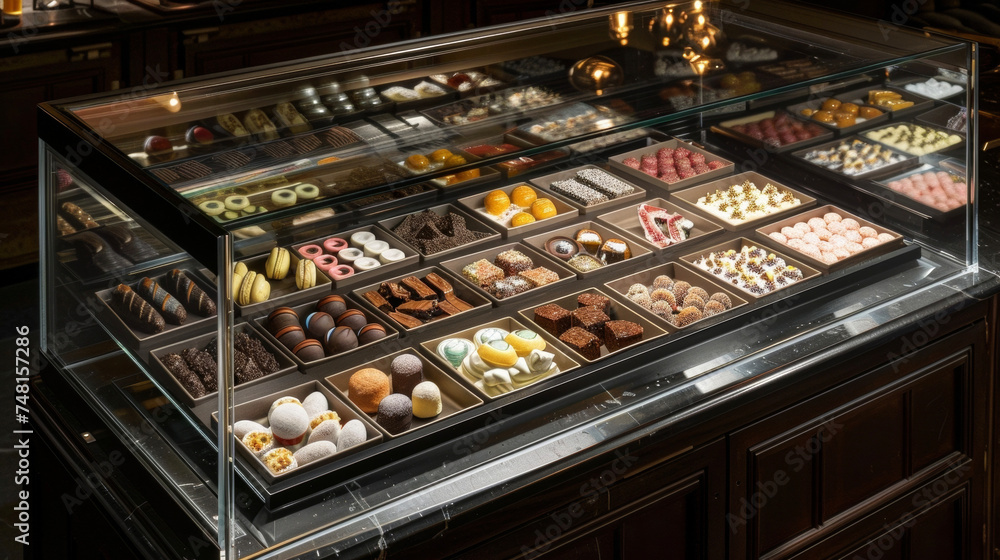 A glass case filled with indulgent confections from creamy fudge to delicate bonbons all carefully arranged like precious jewels.
