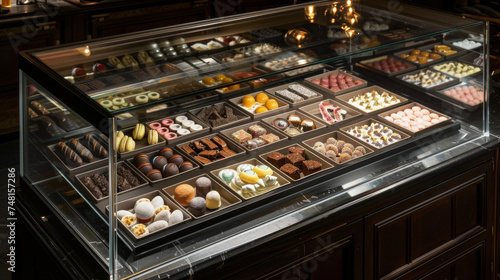 A glass case filled with indulgent confections from creamy fudge to delicate bonbons all carefully arranged like precious jewels. photo