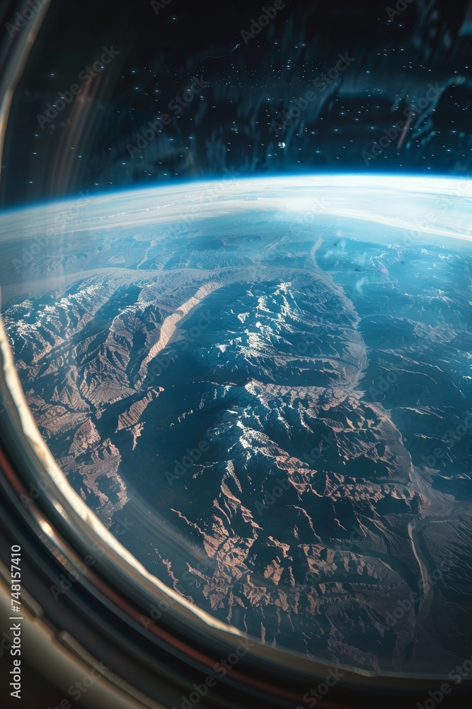 Parallel reality visible from a space tourism shuttle showing a contrasting techno utopia landscape Parallel reality visible from a space tourism shuttle showing a contrasting techno utopia landscape