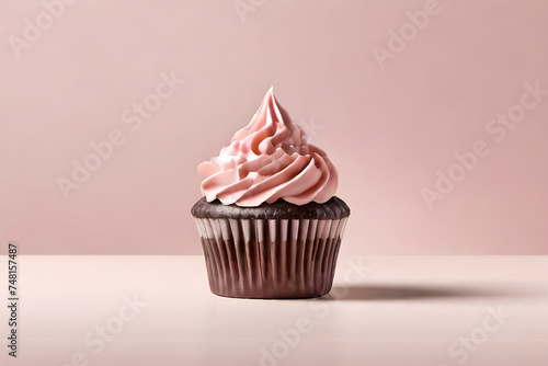 Chocolate cupcake with creamy pink frosting on a light background. Template for displaying product presentation. AI platform