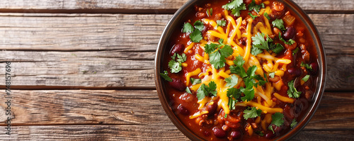 A bowl of hearty chili with kidney beans and melted cheese, garnished with cilantro, on a wooden table with a deep brown background Top view space to copy.